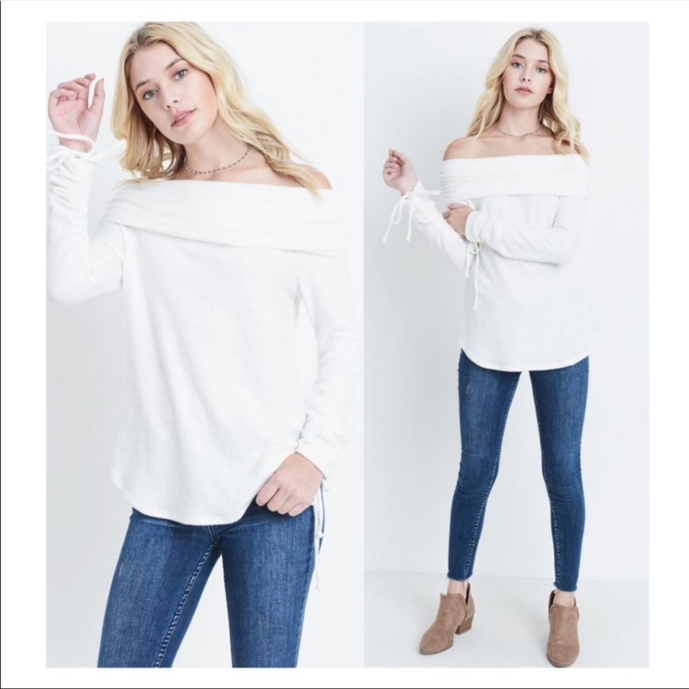 White Fleece Off Shoulder Top